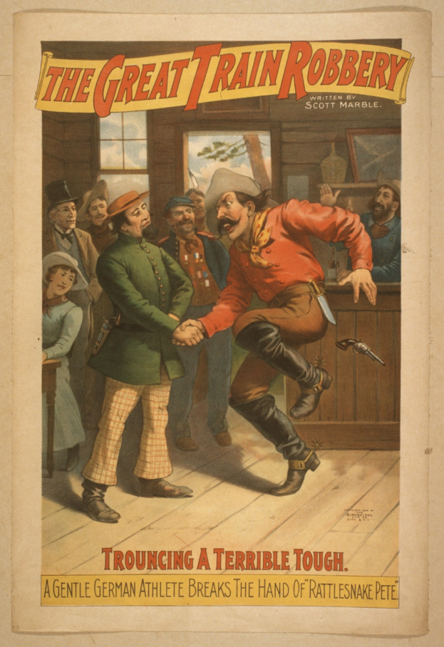 Plakat für "Der große Eisenbahnraub" zeigt eine Gruppe von Menschen, einer hält eine Waffe, ein Fenster, eine Wand und Text oben und unten.