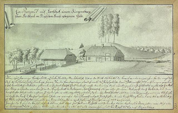 Ein altes Dokument, das einen Hof in einem Feld zeigt, umgeben von Häusern, Bäumen und Himmel, beschriftet mit "Surgensburg, Deutschland - Landschaft eines Hofes".