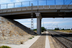 Ein Bahnhof mit einer Steinmauer und einer Brücke darüber, mit Geländern, Säulen, Strommasten mit Drähten, einer Leiter zum Bahnsteig und Bäumen mit bewölktem Himmel im Hintergrund.