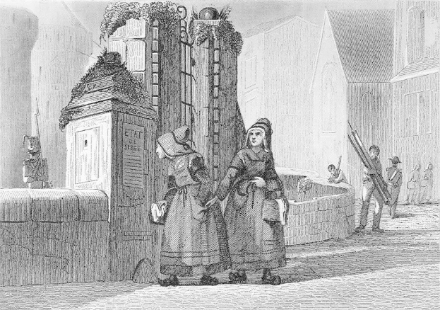 Schwarz-weiß-gravur von zwei frauen, die vor einem gebäude mit anderen leuten im hintergrund stehen, mit der unterschrift "viktorianische frauen in der stadt london" unten.