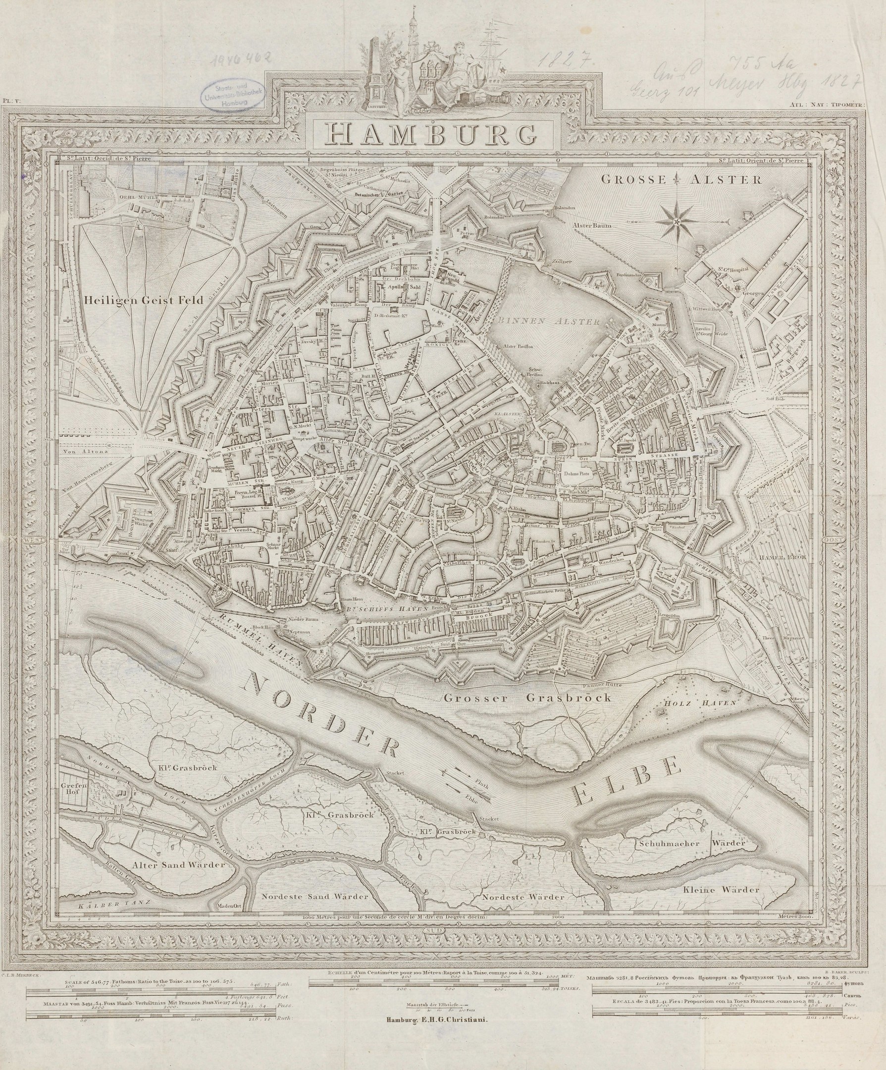 Alte Karte von Hamburg, Deutschland, auf Papier gedruckt, zeigt Straßen und Landmarken mit klassischem Erscheinen.
