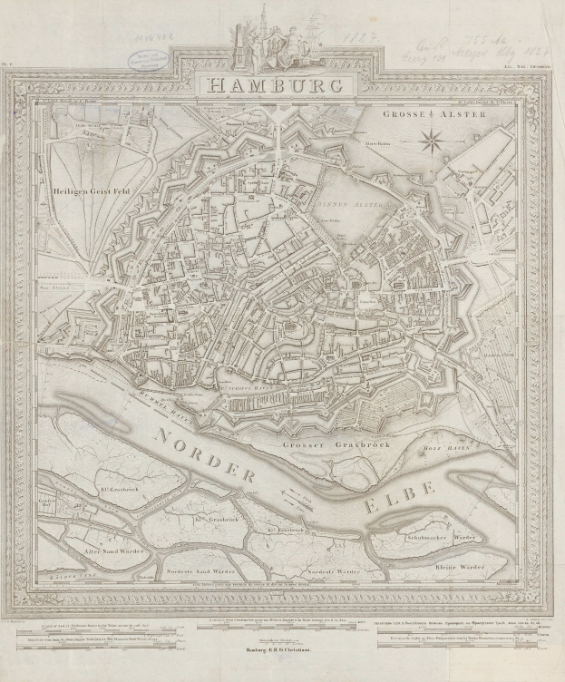 Alte Karte von Hamburg, Deutschland, auf Papier gedruckt, zeigt Straßen und Landmarken mit klassischem Erscheinen.