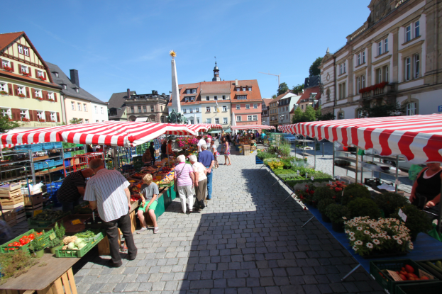 Ein lebendiger Markt im alten Stadtzentrum von Heidelberg mit Menschen, die gehen, sitzen und stehen, umgeben von Zelten mit Körben voller Gemüse vor einem Hintergrund aus Gebäuden, Bäumen und einem klaren blauen Himmel.