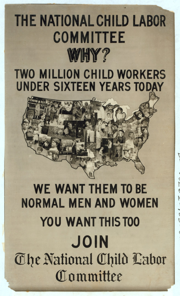 Plakat mit einer US-Karte betitelt "The National Child Labor Committee: Why? Two Million Child Workers Under Sixteen Years Today", das mehrere illustrierte Gesichter von Komiteemitgliedern zeigt.