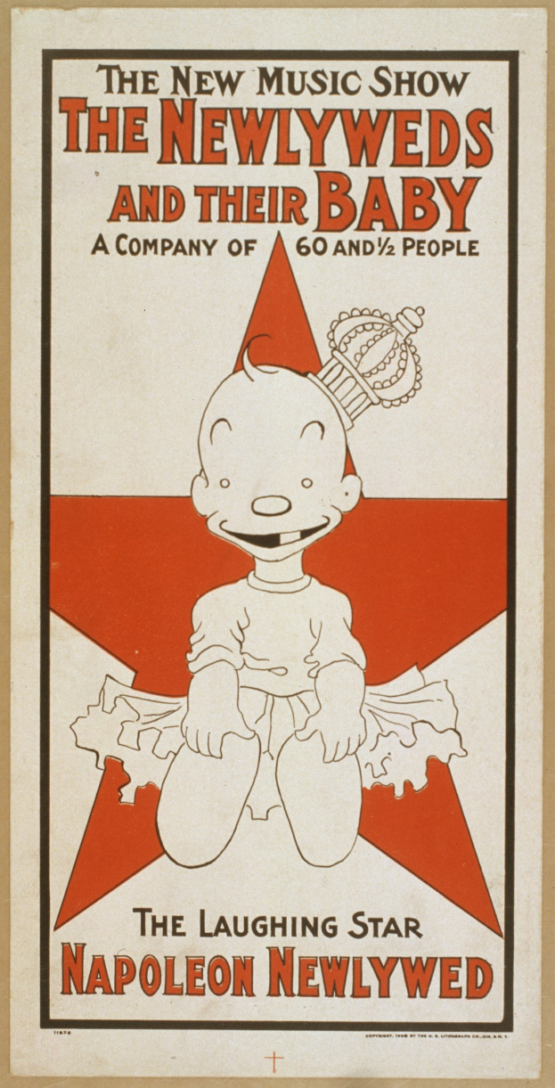 Plakat für "The New Music Show: Die Neuverm├Ąhlten und ihr Baby" mit einem l├Ąchelnden Cartoon-Baby in einem wei├čen Body mit einer pinken Schleife vor einem hellblauen Hintergrund mit Sternen.