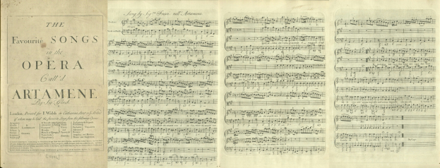 Ein aufgeschlagenes Buch mit dem Titel "Die Lieblingslieder in der Oper" mit Text und Noten.