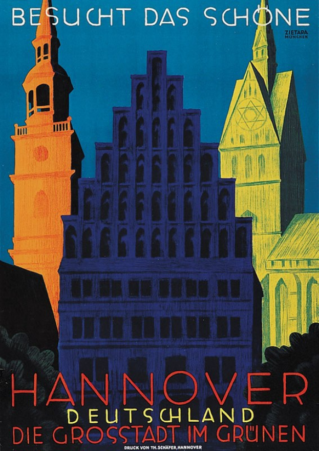 Plakat, das Hannover, Deutschland, mit einigen Gebäuden und Bäumen zeigt und Text enthält, der Stadtinformationen bereitstellt.