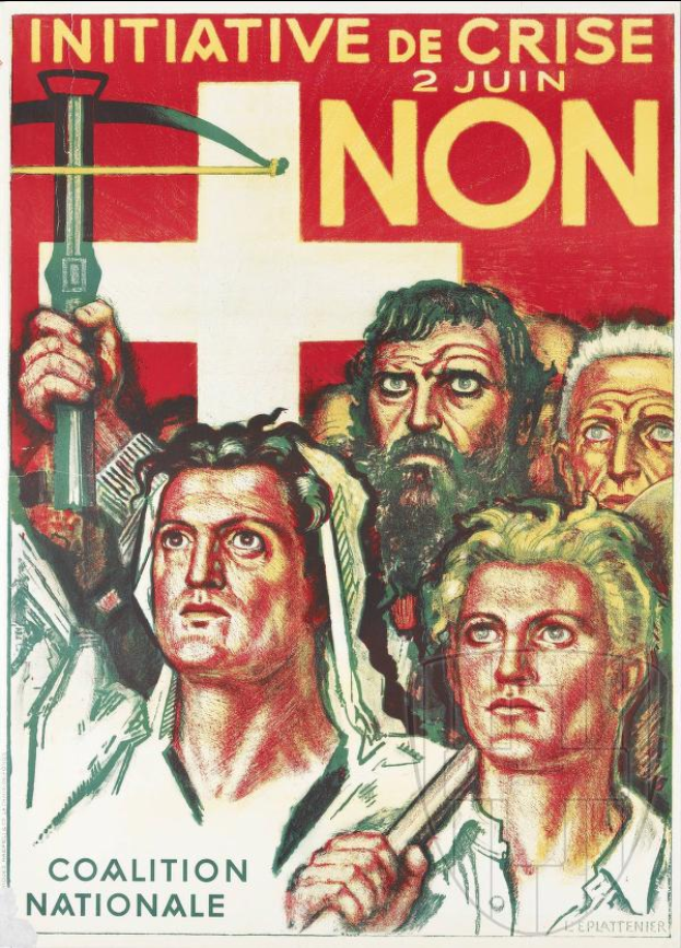 Ein Plakat für die Initiative Coalition Nationale mit einer Gruppe von Menschen, die eine Sense und einen Hammer halten, und Texten über die Organisation und ihre Mission.