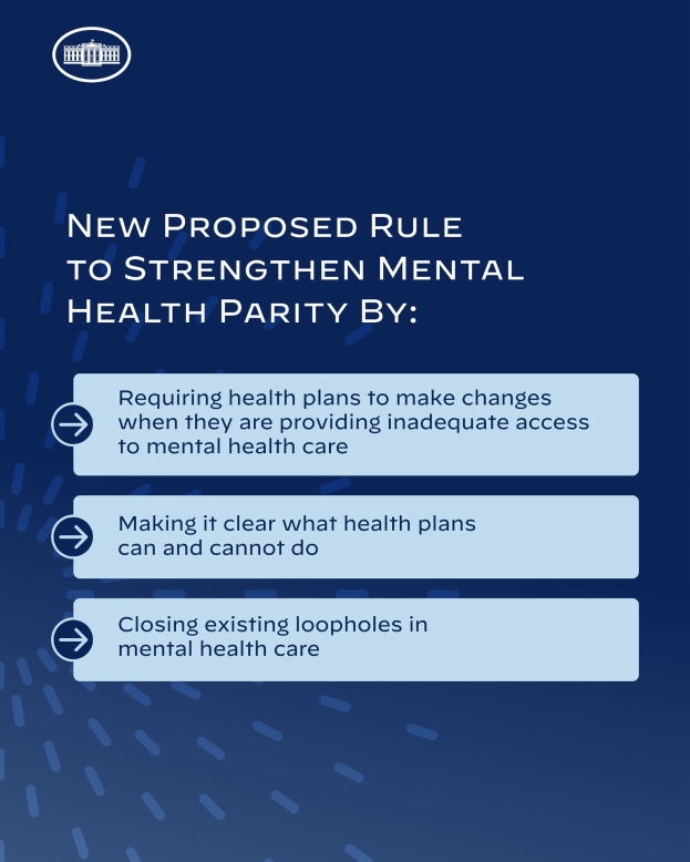 Ein blauer Hintergrund mit weißer Schrift und einem weißen Kreis-Logo mit blauer Umrandung, das eine neue Regel zur Stärkung der geistigen Gesundheit vorschlägt.