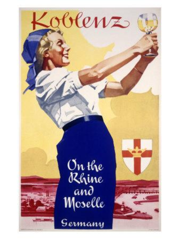 Eine Frau in einem weißen Hemd und blauer Röcke hält ein Glas Wein in der Hand, mit dem Text "Koblenz am Rhein und Mosel Deutschland" und einem Logo im Hintergrund, vor einem Vintage-Poster mit einem gedämpften Farbton von Blautönen, Grautönen und Weiß.