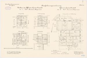 Schwarzer und weißer Grundriss des ehemaligen Bundeskanzleramts mit detaillierter Planung und beschrifteten Räumen und Bauelementen.