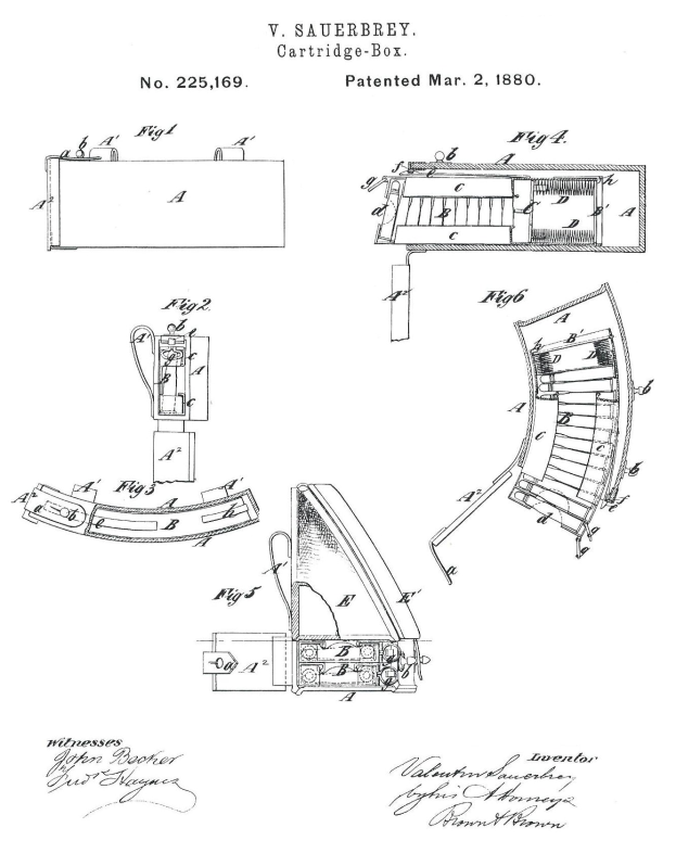 Ein detailliertes technisches Zeichnung einer Maschine mit mehreren Komponenten, einschließlich einer Patronenkastenerfindung von 1880, begleitet von erklärendem Text.