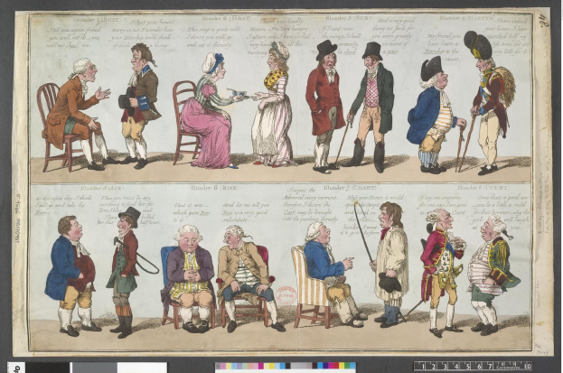 Cartoon-Illustration einer 18. Jahrhundert-Versammlung mit Menschen in historischer Kleidung, einige sitzen und andere stehen, in ein Gespräch vertieft mit einer Person, die animiert gestikuliert.