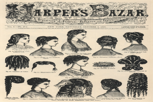 Schwarz-weiß-Bilder von Frauen mit verschiedenen Frisuren aus Harper's Bazaar, begleitet von Text auf einem Papierhintergrund.