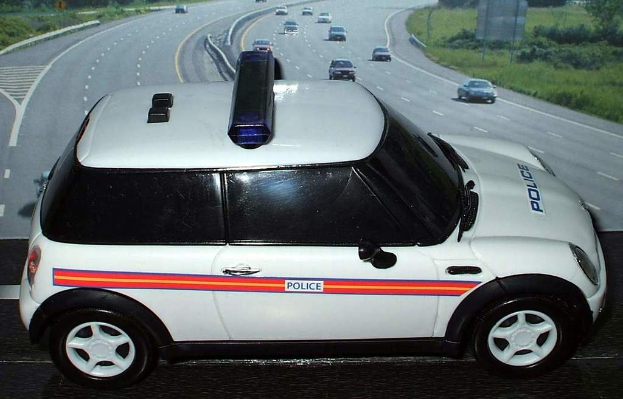 Ein weißer Polizeiwagen parkt vor einer befahrenen Straße mit fahrenden Fahrzeugen, umgeben von Gras und Bäumen, in einer ländlichen Gegend.