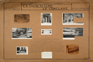 Ein Buch mit Bildern und Texten, die die Geschichte der katholischen Kirche dokumentieren, einschließlich Bilder von ihren Räumen, Fluren und erhaltenen Artefakten.