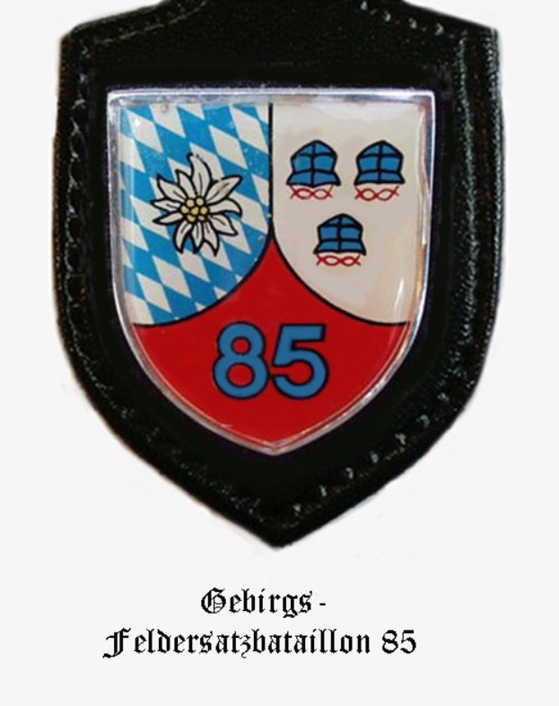 Ein rundes Abzeichen mit der Nummer 85 und deutschem Text unten, das das Logo der bayrischen Fußballmannschaft darstellt.