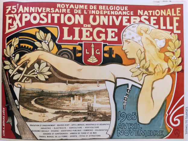 Plakat zum 75. Jubiläum der Nationalen Ausstellung Universitaire de Liège mit einer Frau, die einen Blumenstrauß hält und Text auf dem Plakat.