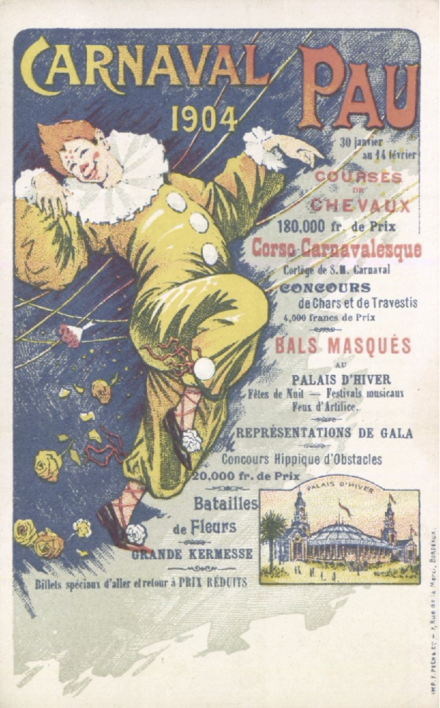 Ein altes Buch mit einem Cover, das einen Clown in einem bunten Kostüm zeigt, mit einem verschmitzten Gesichtsausdruck und der Aufschrift "Carnaval Pau 1904".