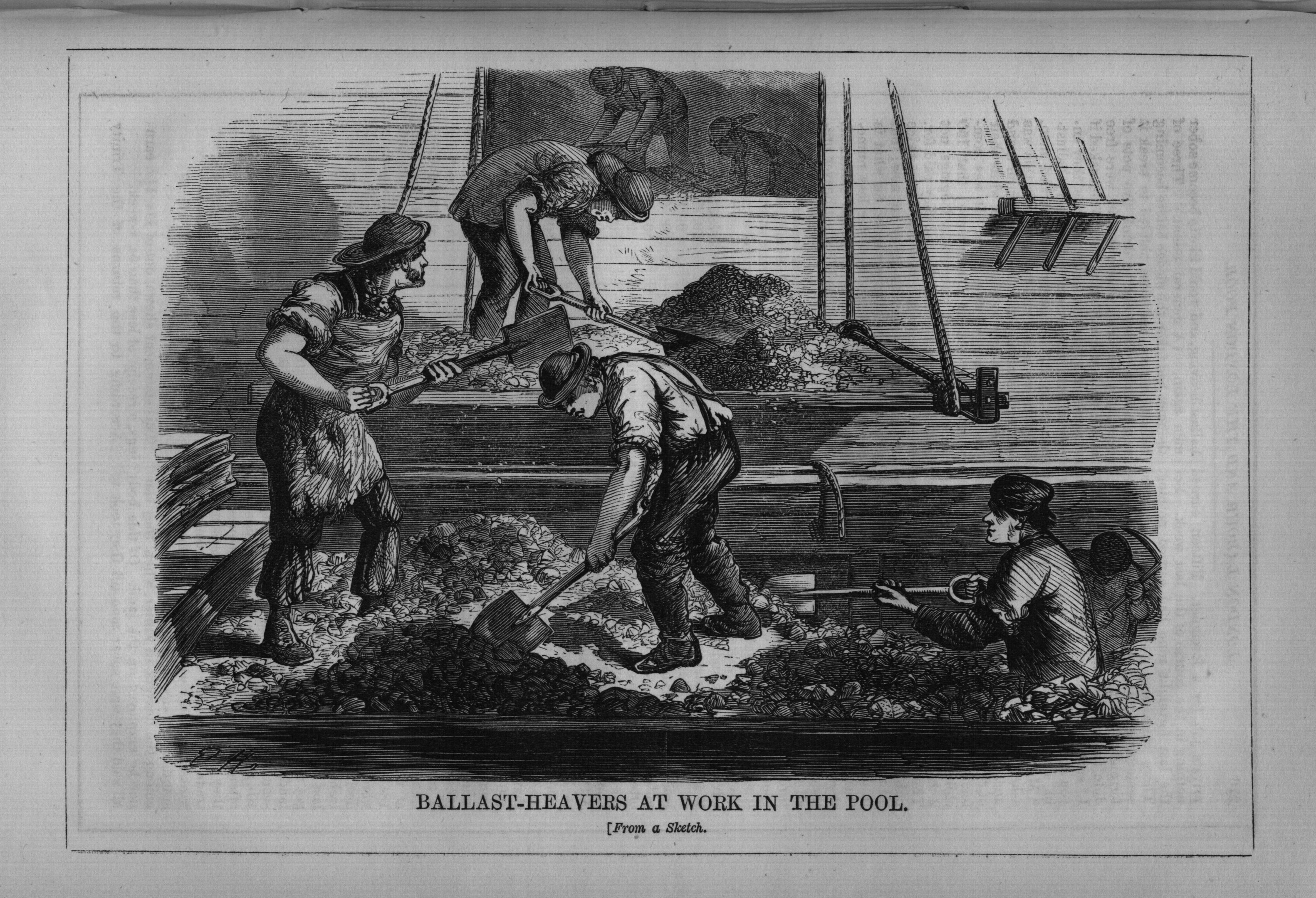 Schwarß-weißes Bild von Menschen im Pool mit Schaufeln und dem Text "Ballast-Heavens bei der Arbeit im Pool" unten.