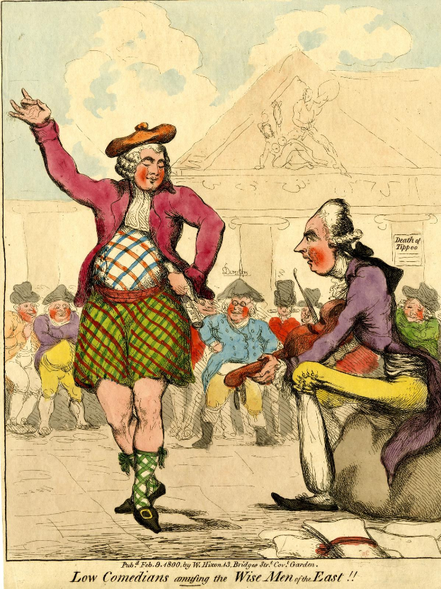 Cartoon-Illustration eines Mannes in einem Kilt und einer Frau in einem Kleid, die vor einem Publikum auf einer Bühne stehen, mit einem Gebäude im Hintergrund und Wolken am Himmel, und der Unterschrift 'Niedrige Komiker amüsieren die weisen Männer des Ostens' unten.