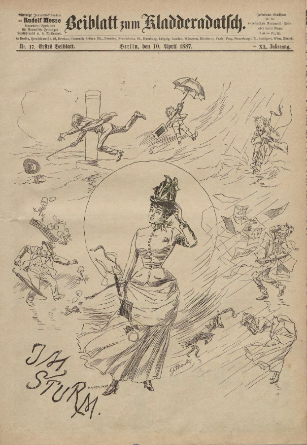 Eine alte Zeitung mit einem politischen Cartoon einer Frau in einem Kleid und Hut, umgeben von einer Gruppe von Menschen, mit begleitendem Text.