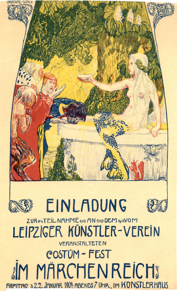 Ein Plakat, das ein Festival in M├╝nchen, Deutschland, ank├╝ndigt, mit einem Bild einer Frau mit einem menschlichen Gesicht, umgeben von anderen Menschen und B├╝schen, mit Text.