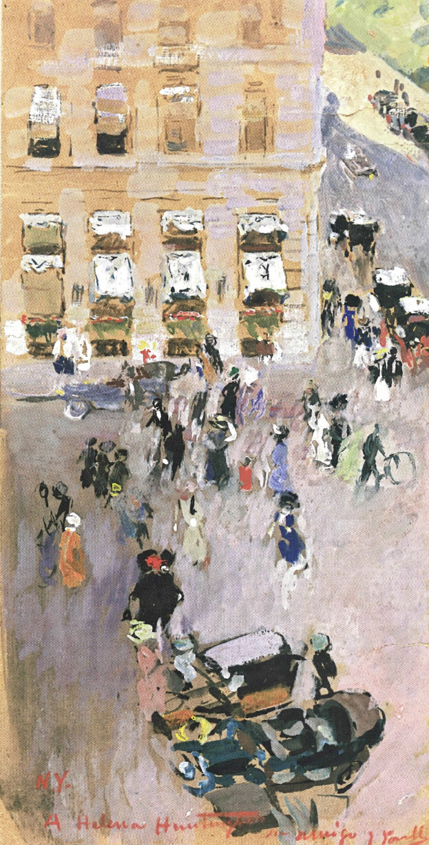 Gemälde einer belebten New York City Straße mit Passanten, Fahrzeugen, einem Gebäude im Hintergrund und Text unten.