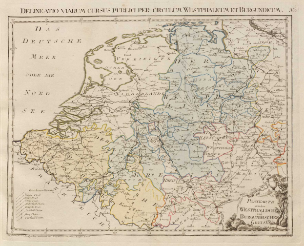 Ein altes Deutschland-Karte mit den Provinzen der Niederlande und Deutschland hervorgehoben, auf Papier gedruckt mit Text, der detaillierte Informationen über die Region enthält.