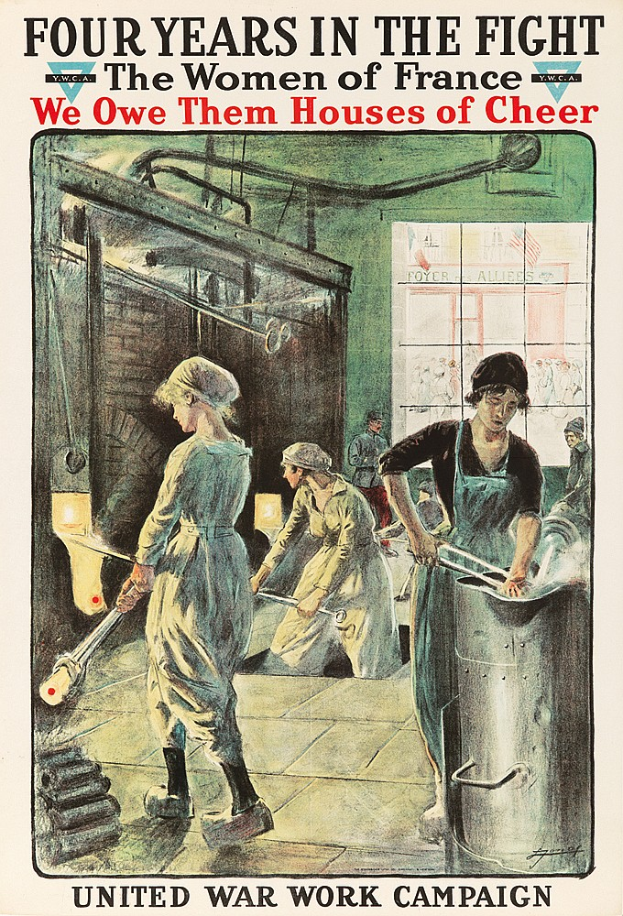 Ein Plakat mit vier entschlossenen Frauen in einer Reihe, mit der Aufschrift "Wir schulden ihnen Häuser der Freude" oben, das die Stärke und Resilienz der Frauen Frankreichs symbolisiert.
