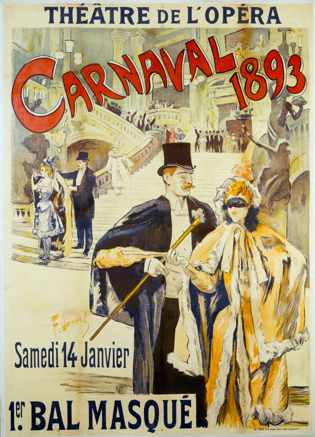 Ein altes Karnevalplakat aus dem Jahr 1893, das einen Mann mit Zylinder und eine Frau in einem langen Kleid zeigt, die nebeneinander vor einem hellgelben Hintergrund stehen, mit schwarzer Schrift, die das Ereignis beschreibt.