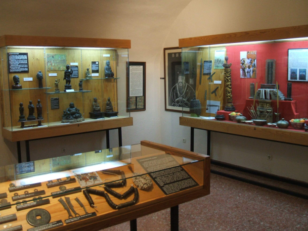 Ein Museumsraum voller verschiedener Artefakte, darunter Glasboxen mit Skulpturen und anderen Gegenständen sowie Fotorahmen an den Wänden, wahrscheinlich das Nationalmuseum der Anthropologie.