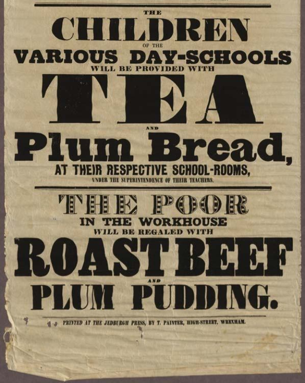 Ein Blatt mit Text, auf dem steht, dass Kinder verschiedener Tagesschulen mit Tee, Pflaumenbrot, Roastbeef und Pflaumenpudding versorgt werden.