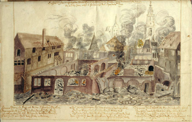 Ein altes Buch mit einer detaillierten Illustration einer Stadt in Trümmern, das die Folgen der Belagerung von Leipzig zeigt, mit zerstörten Gebäuden, Rauch und Text.