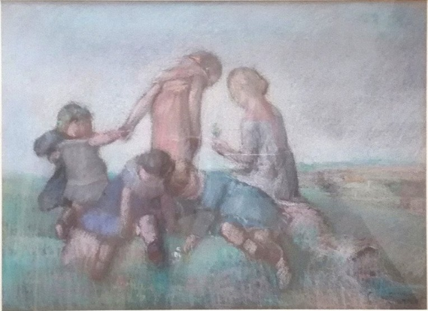 Malerei von Kindern beim Spielen auf einem Feld, gerahmt, mit hellen, fröhlichen Farben und ausdrucksstarken Gesichtern.