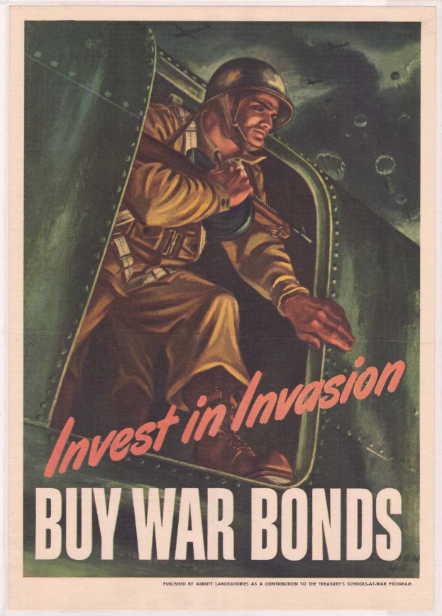 Plakat mit einem Soldaten in Helm und militärischer Uniform, der eine Waffe hält, und dem Text "Invest in Invasion, Buy War Bonds" darüber, der eine entschlossene Miene zeigt.