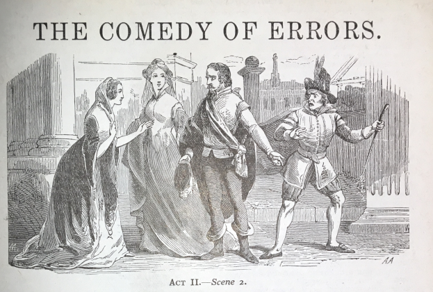Eine Zeichnung eines Mannes in einem Anzug und einer Frau in unbekannter Kleidung, die nebeneinander stehen und ernst schauen, mit dem Text 'The Comedy of Errors' darüber.