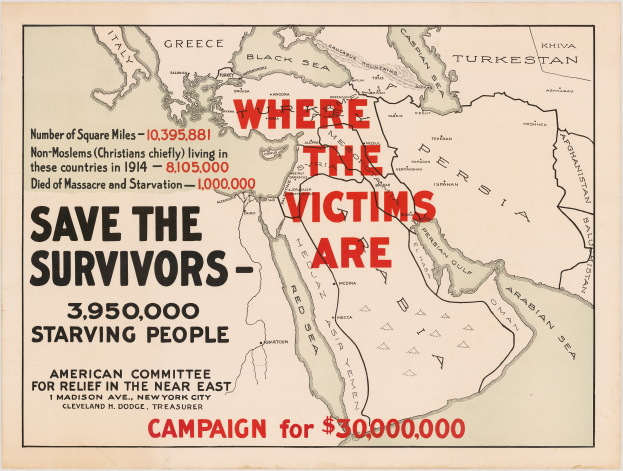 Ein Plakat mit einer Weltkarte und dem Text "Wo die Opfer sind: Retten Sie die Überlebenden - 3.950.000 hungernde Menschen" zur Sensibilisierung für die Auswirkungen des Krieges und die Notwendigkeit von Maßnahmen.