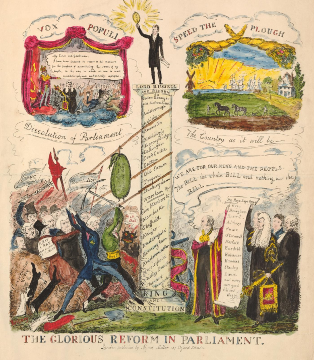 Ein buntes illustriertes Dokument mit der Überschrift "Die glorreichen Reformen im Parlament", das mutige Schriftarten und verschiedene lächelnde Menschen zeigt, symbolisiert Fortschritt und Hoffnung.