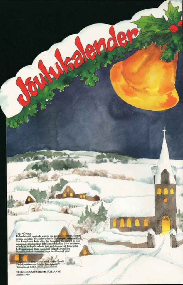 Weihnachtskartenplakat zeigt verschneites Dorf mit Kirche im Hintergrund, eine Glocke an einem Zweig hängend und den Text "Joulukalenteri".