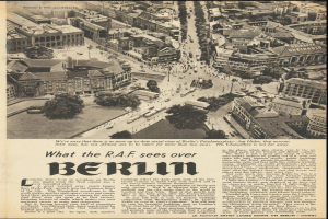 Schwarze und weiße Zeitungsbild zeigt eine Stadtlandschaft mit Gebäuden, Bäumen und Fahrzeugen, begleitet von Text.