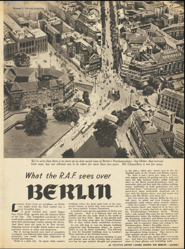 Schwarze und weiße Zeitungsbild zeigt eine Stadtlandschaft mit Gebäuden, Bäumen und Fahrzeugen, begleitet von Text.
