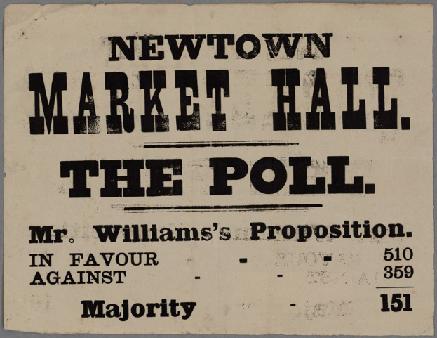 Papier mit handgeschriebener Textzeile "Newtown Market Hall, die Abstimmung, Mr. Williams' Vorschlag für gegen Mehrheit."