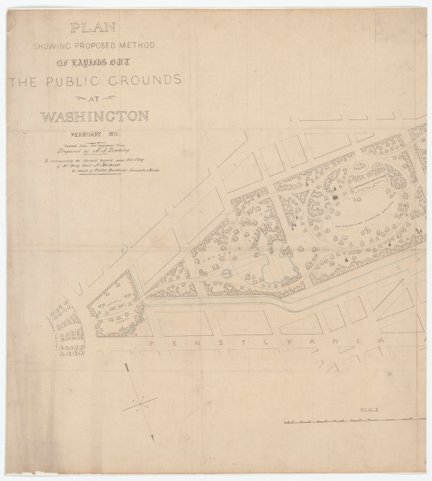 Ein detaillierter Plan der öffentlichen Anlagen in Washington, der verschiedene Anlagen und Wege zeigt, mit darauf geschriebenem Text.