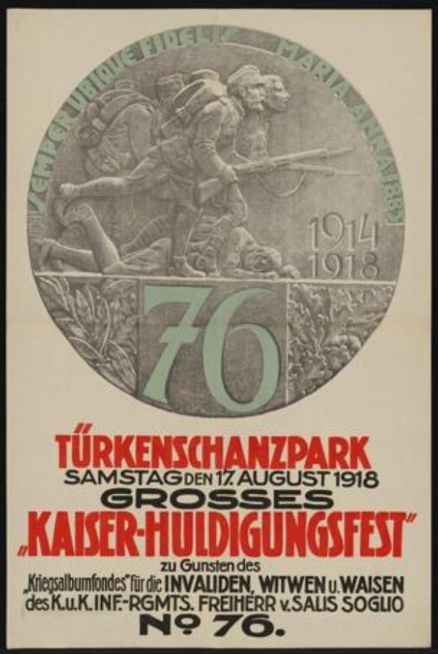 Plakat zum 70-jährigen Jubiläum des Kaiser-Huldigungsfestes in Berlin, Deutschland, mit einer Gruppe von Menschen im Rahmen eines klassischen Fotos.