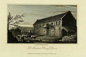 Eine Gravur von St. Martins Priory in Dyer mit einem Haus, Bäumen, Tieren und einem Himmel im Hintergrund sowie Text unten.