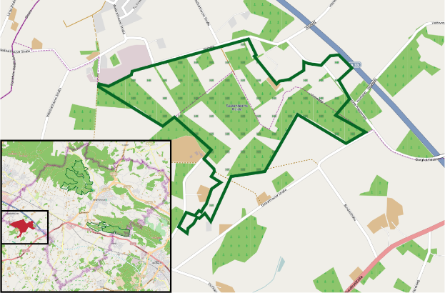 Eine Karte einer Stadt mit einem grünen Bereich in der Mitte, beschriftet mit "Südenschafts-Hender-Land-Planungskarte" unten, unterteilt in zwei Abschnitte: den oberen, der Straßen und Sehenswürdigkeiten zeigt, und den unteren, der zusätzliche Informationen bietet.