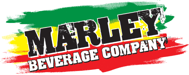 Ein Plakat mit "Marley Beverage Company" in fetter schwarzer Schrift auf einem weißen Hintergrund, umgeben von einem hellgelben Rahmen, mit einem Vintage-Feeling und gedämpften Farben.
