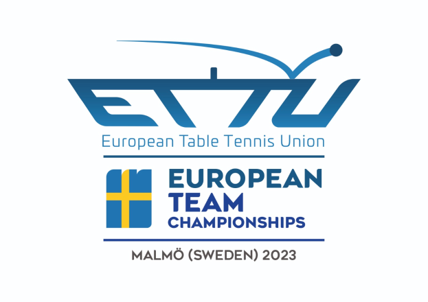 Das Logo der Europäischen Tischtennis-Union (ETTU) zeigt einen blauen Kreis mit einem weißen Tennis-Schläger in der Mitte, umgeben von einem weißen und blauen Rand, mit der Inschrift "Europäische Mannschaftsmeisterschaften" darunter in fetter, schwarzer Schrift.