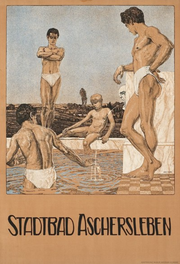 Ein Plakat, das ein Schwimmbad in Aschersleben ankündigt und Menschen im Wasser zeigt sowie Text über die Einrichtungen des Bades.